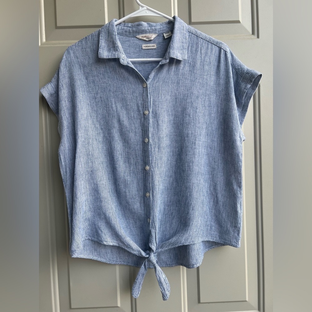 Weatherproof Vintage Washable Linen Striped Button Tie Hem Top Size S Lagenlook